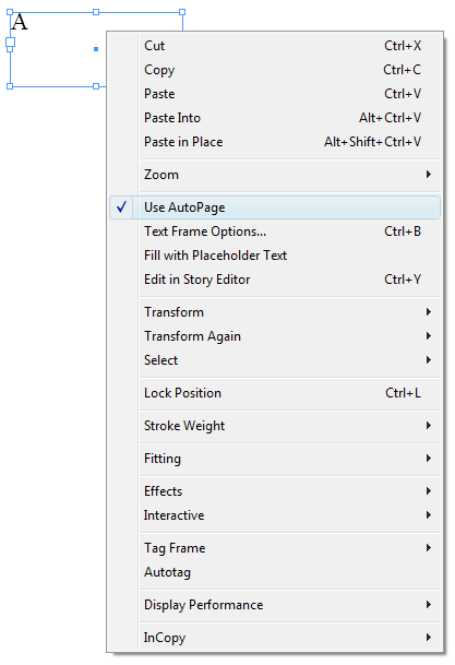 AutoPage in text frame context menu