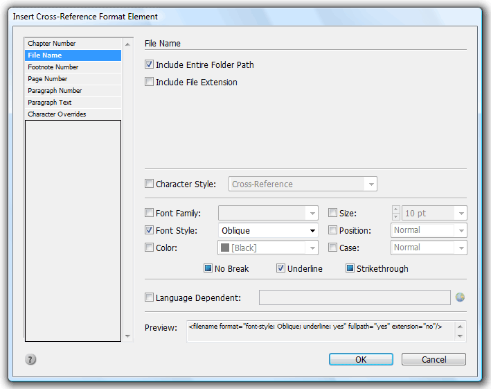 File Name element settings