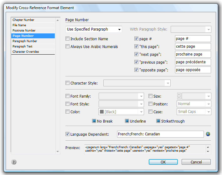 Page Number element settings