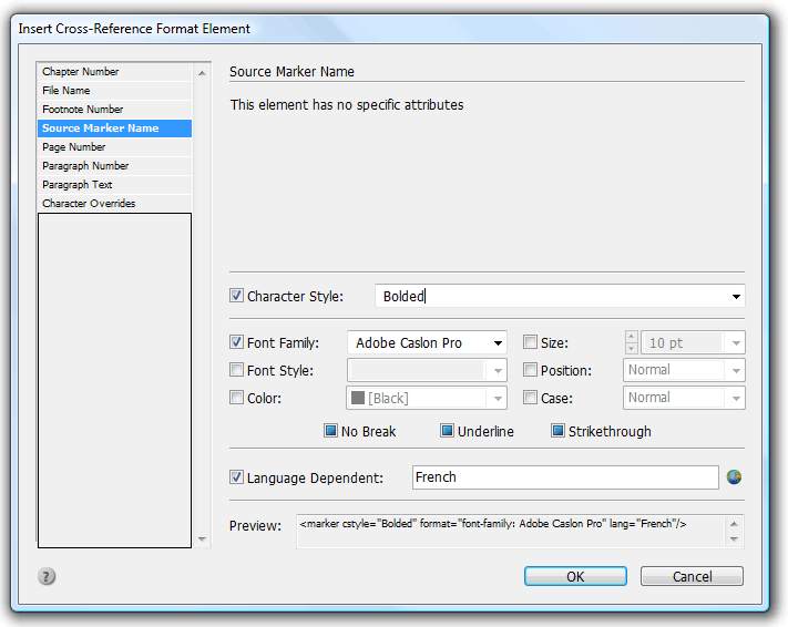 Insert Format Element dialog - Source Marker Name